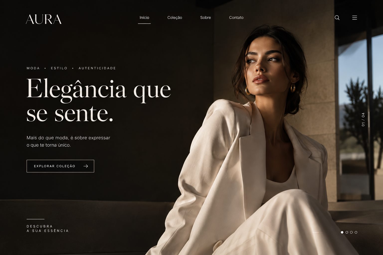 Hero do website conceito Aura, marca de moda